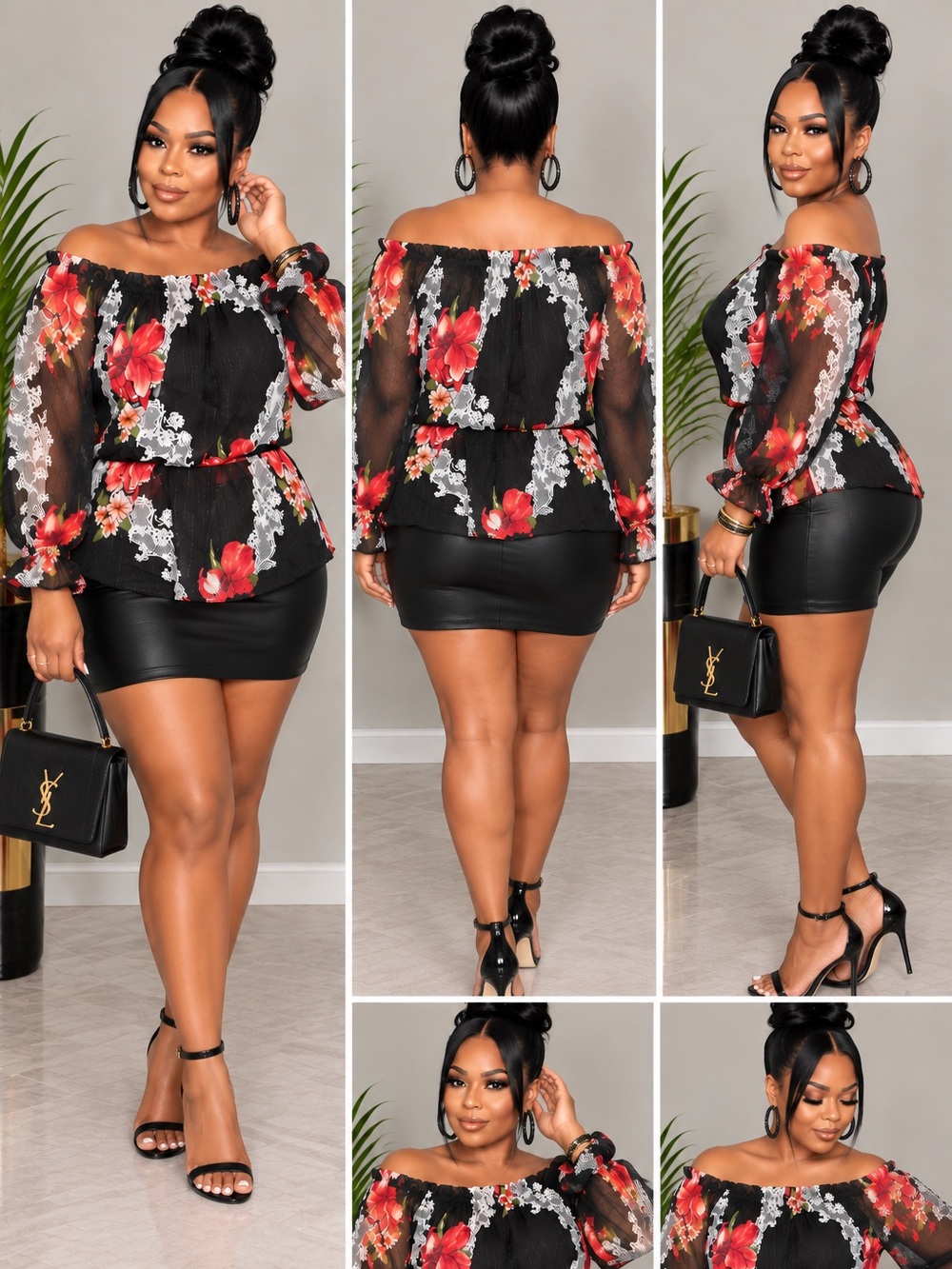 Off-Shoulder Black Sheer Floral Peplum Blouse -